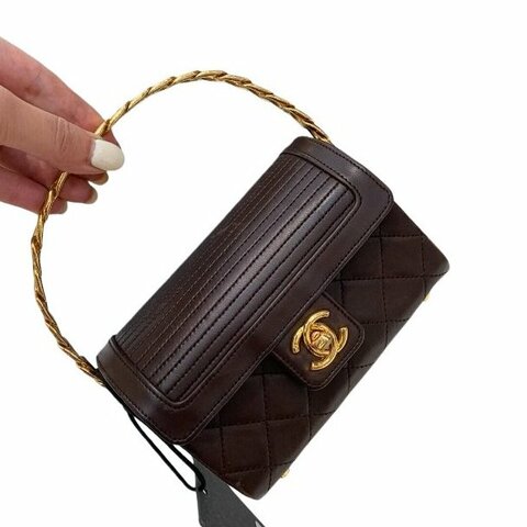 Chanel香奈兒菱格紋雙C 扣金棕手提晚宴包