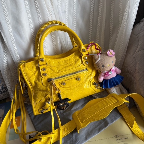 巴黎世家 機車包 黃色 復古包  腋下包 托特包 側背包 balenciaga mini city bag yellow