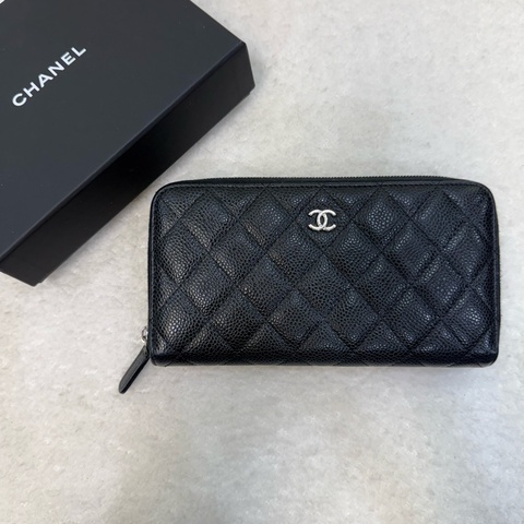 Chanel 黑荔枝銀釦雙c logo長夾