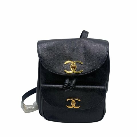Chanel香奈兒黑金大雙C 扣魚子醬雙肩包