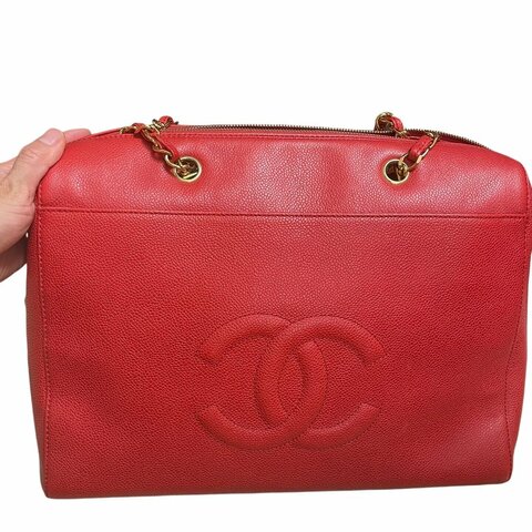 Chanel香奈兒紅金魚子醬雙C logo機場托特肩背包
