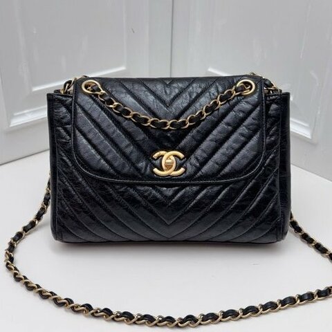香奈兒/Chanel 黑金CF油蠟V紋口蓋鏈條包