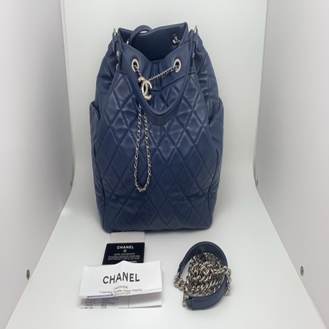 99新香奈儿Chanel 海军蓝菱格小羊皮 抽绳水桶托特包 银扣 38x28x16cm