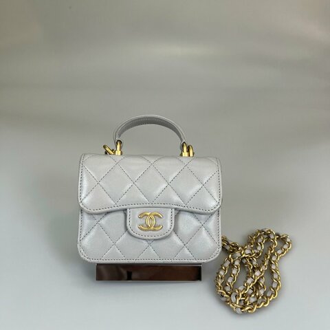 CHANEL HANDLE 金鍊MINI羊皮灰 保卡款31開