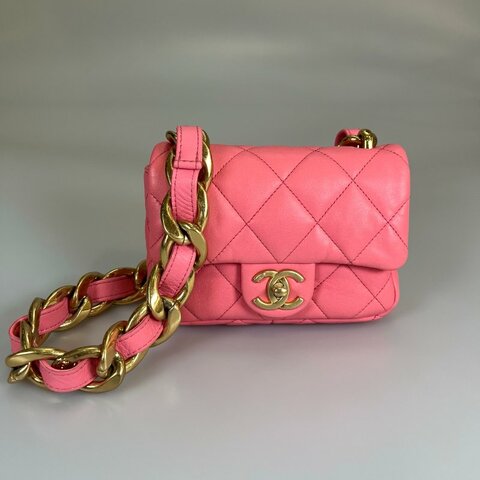 CHANEL  粗金鍊小包羊皮粉 AS3213