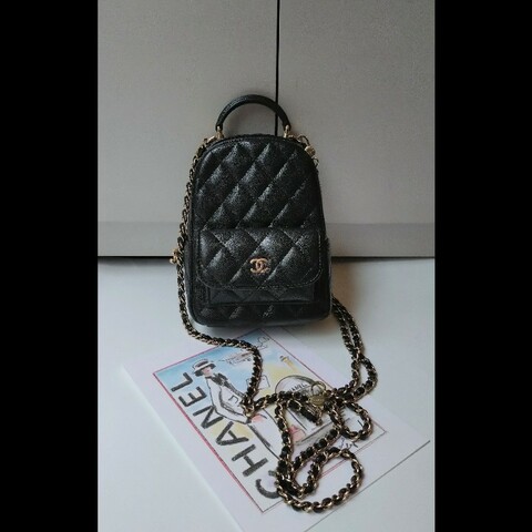 Chanel 金鍊黑色荔枝皮三用迷你後背書包