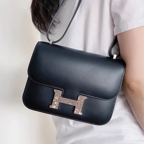 99新 Hermes Mini Constance康康19 Y刻 黑色蜥蜴扣 Monsieur霧面box皮