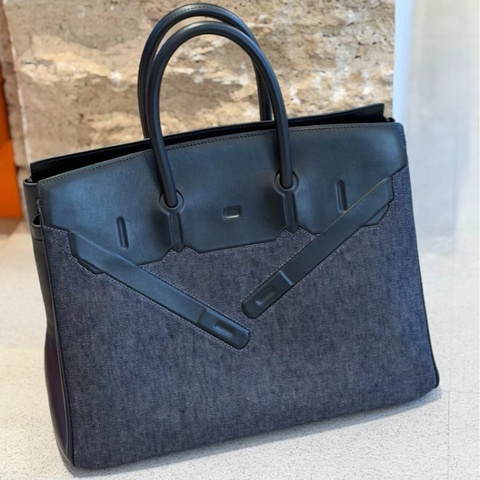 Hermes 愛馬仕  birkin 35 shadow 幻影 黑色拼牛仔 框N刻 swift皮拼帆布 99新