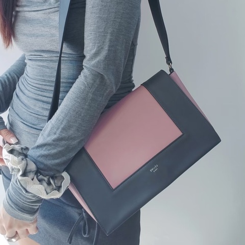✨Celine賽琳｜絕版 粉色拼深灰 Frame Bag 翻蓋豆腐包 郵差包｜98新