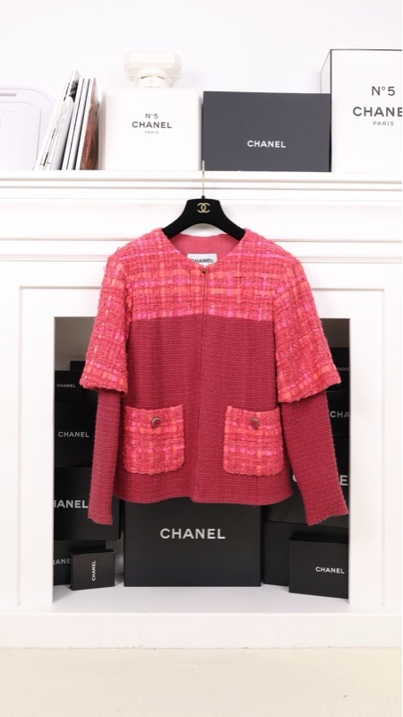 Chanel 16年椅子系列玫红编织圆领两口袋外套