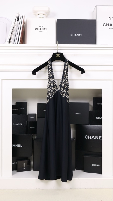 Chanel 01年海军蓝四叶草图案吊带连衣裙