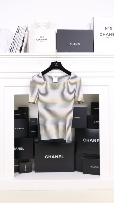 Chanel 98年马卡龙色条纹圆领短袖