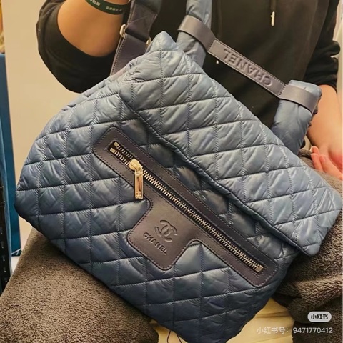 98新 Chanel香奈兒 菱格紋中古雙肩 藍色 尼龍