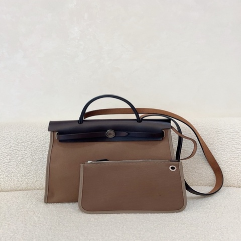 98新 Hermes愛馬仕Herbag31 X刻棕色色拼風衣灰銀扣