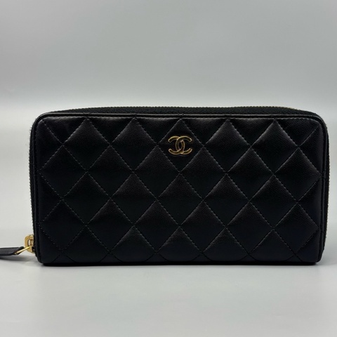 Chanel 香奈兒 黑金小羊皮拉鍊錢包 21開 尺寸19*10