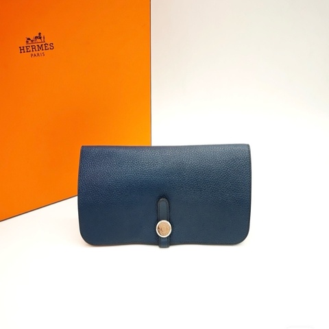 9成新 愛馬仕 Hermès Dogon 長夾 深藍色 Togo 牛皮 銀扣