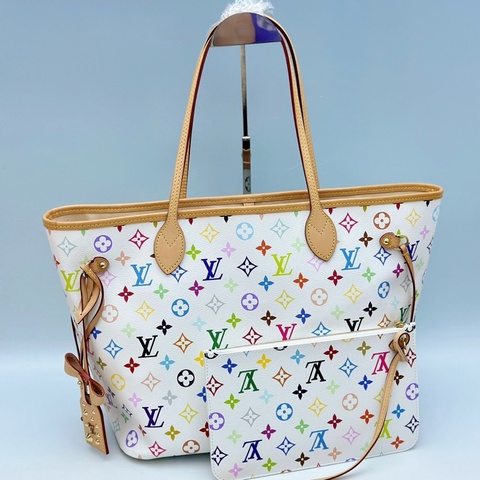 路易威登/Louis Vuitton 村上隆聯名neverfull中號托特包子母包手提包單肩包 白三彩 芯片款