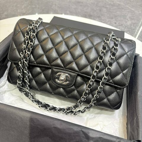 *SHIHNA名牌精品*CHANEL CF 25 荔枝牛皮黑銀 釦斜背包/肩背包 (芯片款)