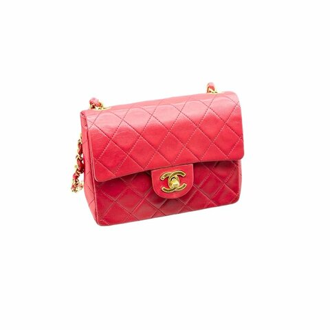Chanel香奈兒菱格紋雙C扣方胖子紅金鏈條包
