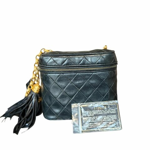 Chanel香奈兒黑金菱格紋金球流蘇雕花鏈條包