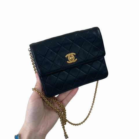 Chanel香奈兒黑金菱格紋雙C扣模迷你鏈條包