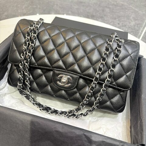*SHIHNA名牌精品* CHANEL CF25 荔枝牛皮黑銀釦 斜背包/肩背包
