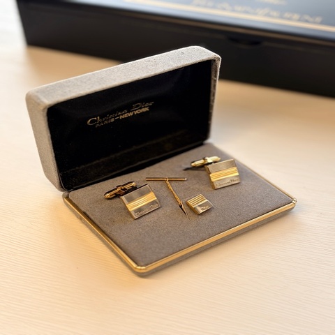 Christian Dior 復古金銀雙色拉絲幾何袖扣與領帶針三件套（附原裝盒）