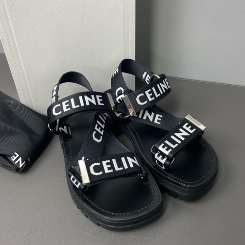 Celine賽琳 經典字母logo Leo黑白字母提花條帶織帶魔術貼涼鞋36碼