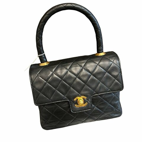 Chanel 香奈兒黑金菱格紋雙扣凱莉手提包
