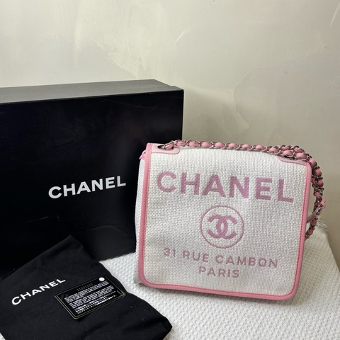 CHANEL 香奈兒 21開 粉色拼白色 沙灘口翻蓋編織 鏈條郵差包 尺寸23*23