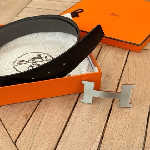 Hermès 愛馬仕 黑色拼錫器灰/拉絲銀扣 男士腰帶 95cm G刻 配件 盒子