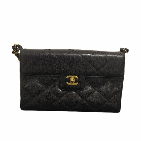Chanel香奈兒黑金魚子醬雙C 扣菱格紋單肩鏈條包