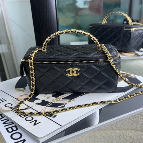 99新 Chanel 香奈兒 黑金編織手柄長盒子鏈條包