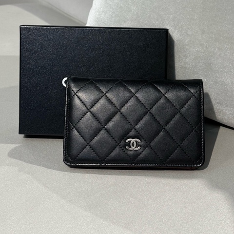 Chanel香奈兒黑銀羊皮黑色長款錢包卡包女士 13開  有盒