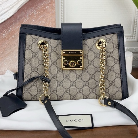 99新gucci  古馳 padlock黑色拼老花鏈條包