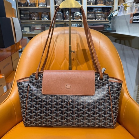 GOYARD 戈雅 Rouette 老花滿印翻蓋 帆布拼皮 手提包 小號 黑棕色