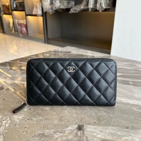 CHANEL 香奈兒 黑金菱格紋顆粒牛皮魚子醬皮手拿包錢包 25開