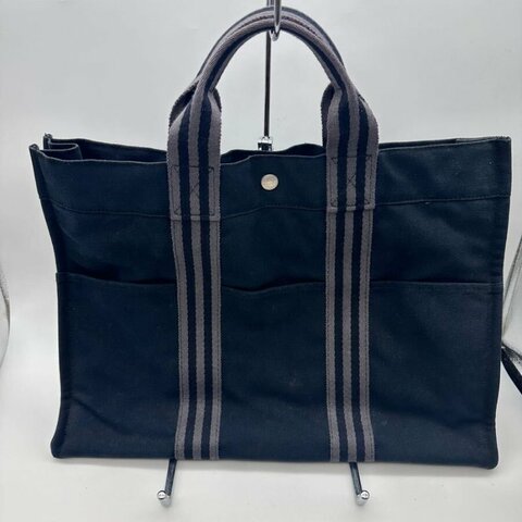⬛HERMES⬛狀況很好///黑色銀色線條手提帆布包