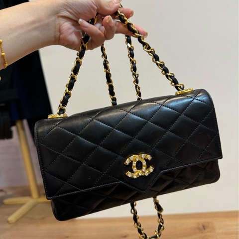 CHANEL 香奈兒 vintage 黑金 cf mini 鑽釦 翻蓋包 斜背包 肩背包 鏈條包