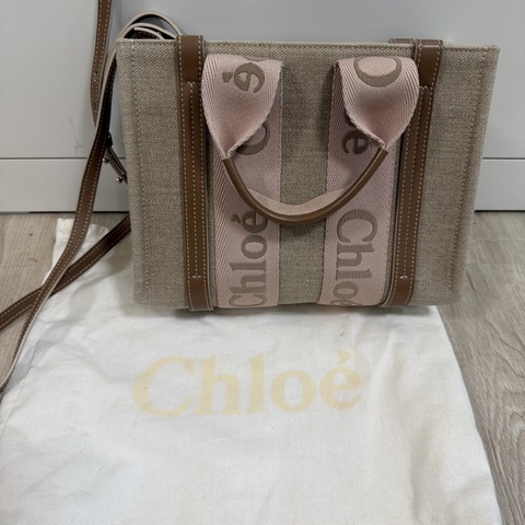 Chloe-woody tote   托特包 刺繡款 粉紅奶茶色！近全新當初買三萬多
