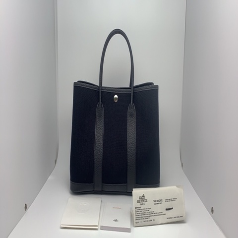99新 爱马仕/Hermes garden party 30*22*14 黑色帆布手提托特包 花園包