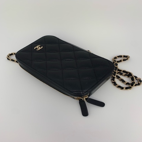 95新 Chanel/香奈兒 黑金菱格荔枝皮 豎款手機包10×4×17 可斜挎