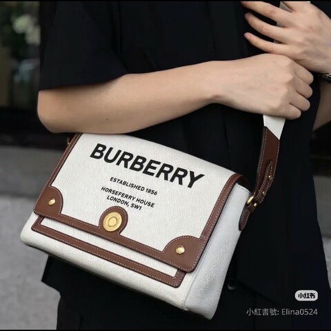 Burberry Horseferry Note 帆布拼棕皮郵差包 新款寬肩帶 橫版 全新✨️