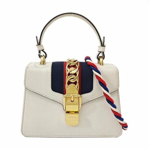 GUCCI Sylvie迷你白色牛皮條紋織帶塞爾維亞