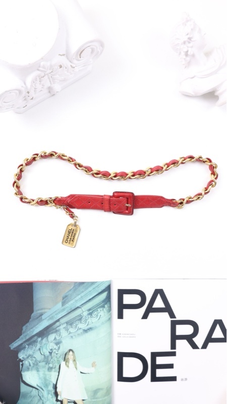 Chanel红金皮穿链logo挂牌腰带