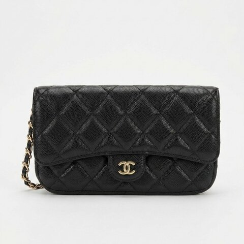 CHANEL 黑色淡金雙C荔枝牛皮手機鍊包