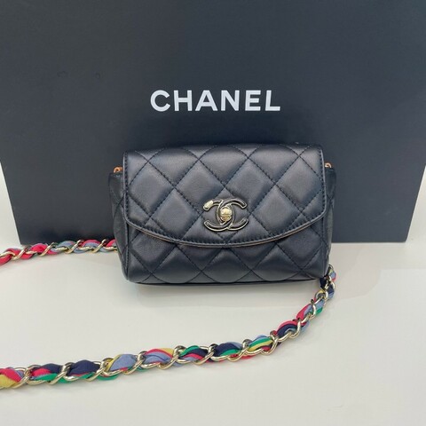 99新 chanel香奈兒 彩鏈口蓋包 黑金配色