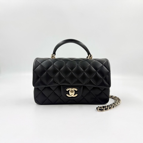 Chanel黑淡金釦羊皮CF20口蓋包