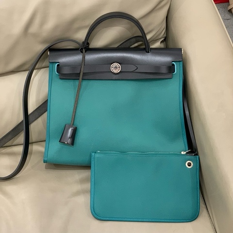 Hermes 愛馬仕 herbag31 手提包肩背包斜挎包 綠色帆布拼皮銀扣