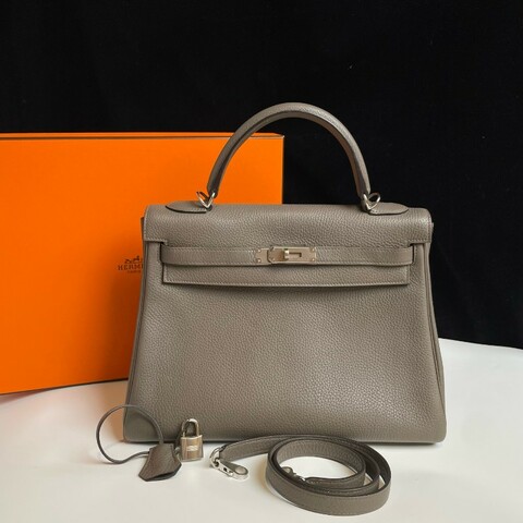 Hermes/愛馬仕 錫器灰銀扣 Kelly32 手提單肩斜挎包 togo皮 X刻
